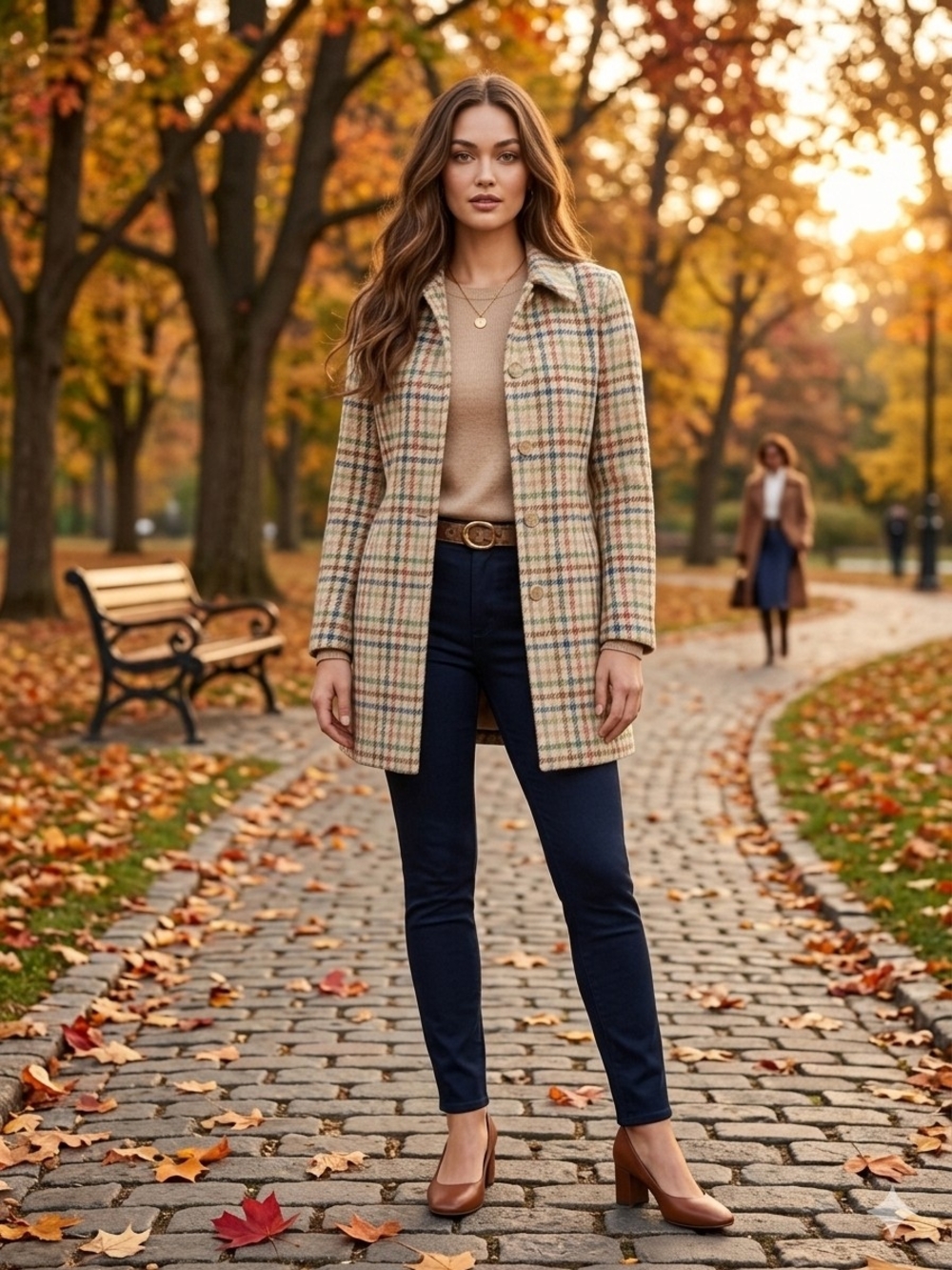 Coach Plaid Wool-Blend Fall Coat in Tan & Navy